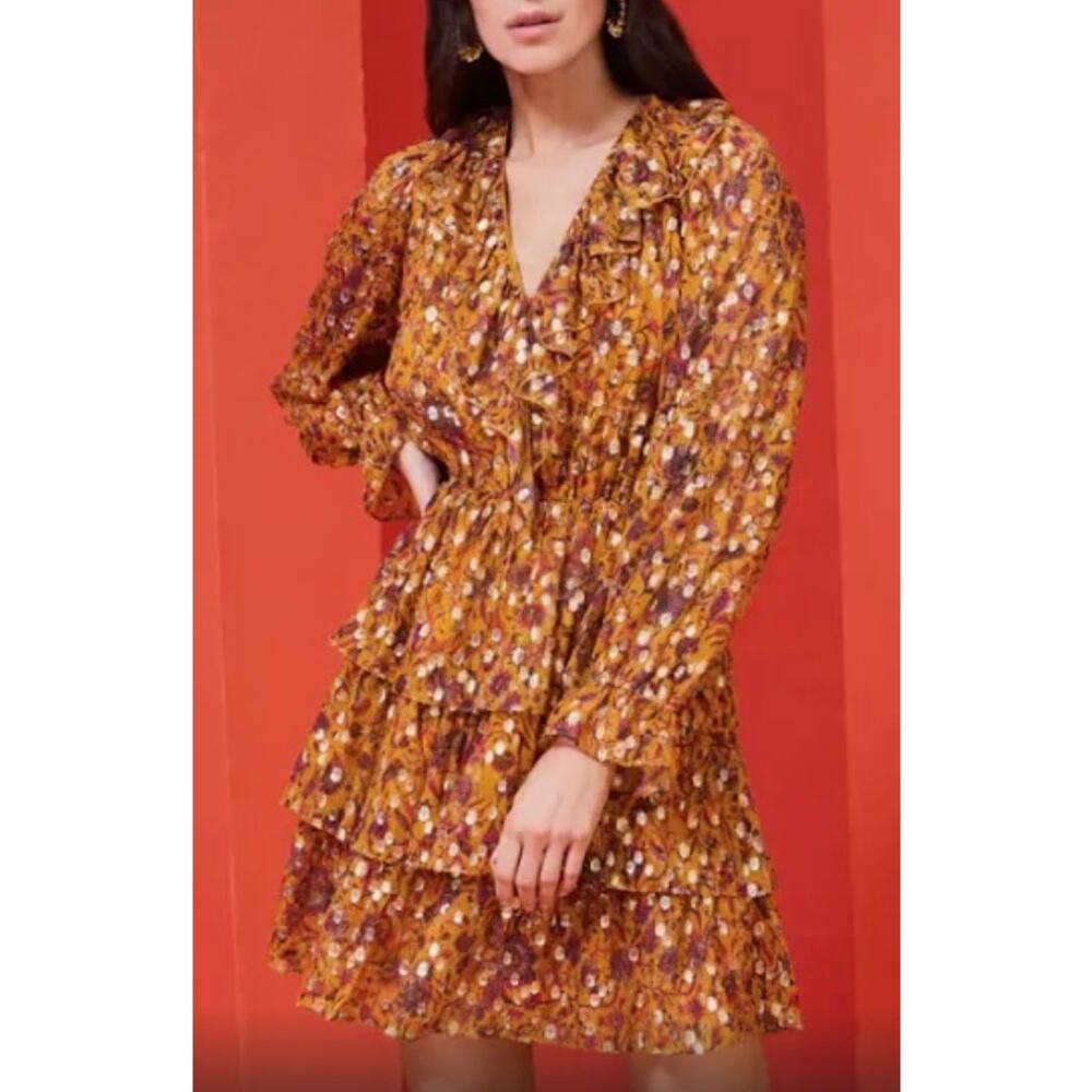 Marie Oliver Una Dress Size XS Marigold Harvest Metallic Dot Floral Silk Blend
